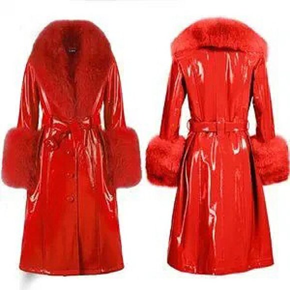 💥SHOWSTOPPER💥Leather Coat with Oversized Fur Collar in Shiny Scarlet Red - Picture 1 of 16